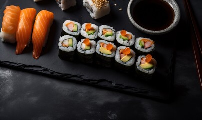  sushi and chopsticks on a black surface with a cup of coffee.  generative ai