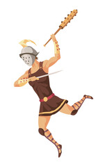 Gladiator fighting. Warrior ancient roman armored warrior. Ancient history combat show for audience. Cartoon vector illustration