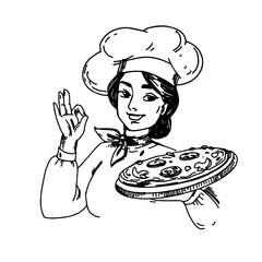 Smiling lady chef in a hat, vintage woman cook with pizza. Line art black and white drawing, hand drawn illustration, design for pizzeria.