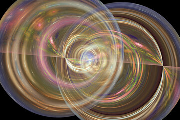 Multicolored round double pattern of crooked waves on a black background. Abstract fractal 3D rendering