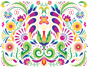 Fototapeta na wymiar Mexican flower traditional pattern background. Ethnic embroidery decoration ornament. Flower symmetry texture. Ornate folk graphic, wallpaper. Festive mexican floral motif. Vector illustration