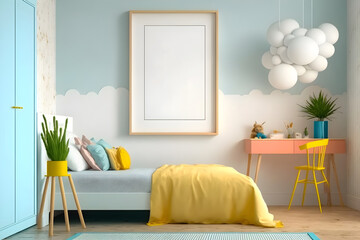 Clean and Stylish Poster Frame Mockup in a Modern Kid's Room , 3D Rendering