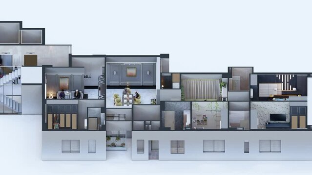 Animated isometric interior design typical house plan of 3 bedroom apartment