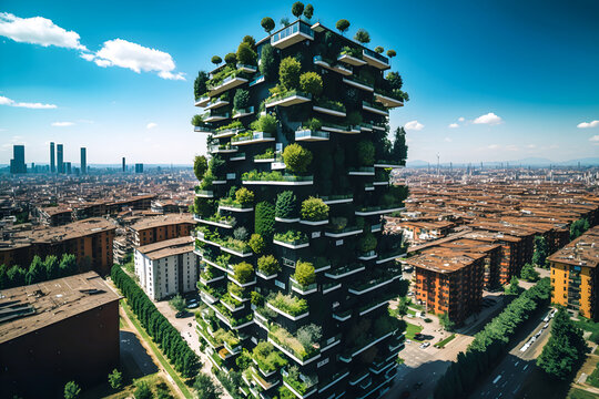 2 Point perspective of Bosco Verticale Milano Residential building, Vertical Porta Nuova Residential area in italy, generative ai, Vertical sustainable green space