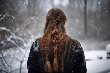 Fototapeta na wymiar a woman with long hair standing in the snow with her back to the camera, with her hair in a fishtail braid, looking into the distance. generative ai
