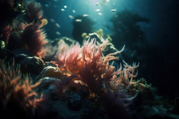 Naklejka na ściany i meble an underwater view of a coral and seaweed in the ocean with sunlight shining through the water's bubbles on the surface of the water. generative ai