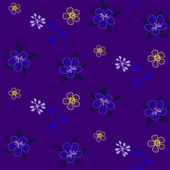 Simple flat modern drawing. Floral texture for textile and fashion design. Summer botanical print at the violet background . Seamless pattern.