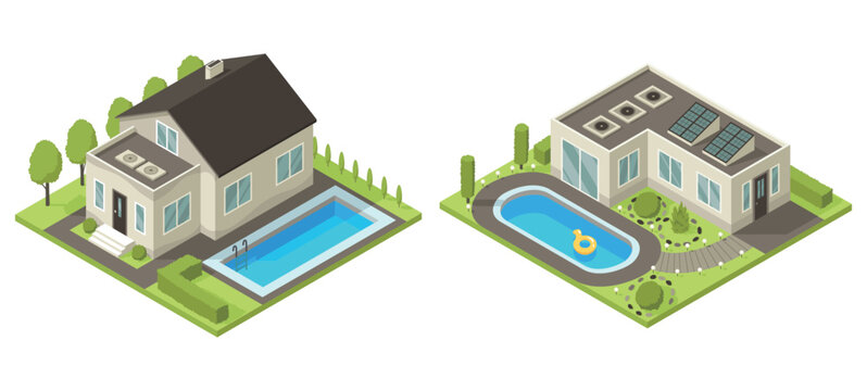 Isometric cottage icon set. Suburb house composition with swimming pool and lawn vector illustration. Infographic element representing suburban building. Private house enterprises of real estate