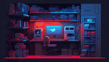 Gaming room with hardware and equipment colored . Creative illustration. (Ai Generate)