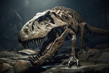 Dinosaur Fossil (Tyrannosaurus Rex) Found by Archaeologists. AI generated