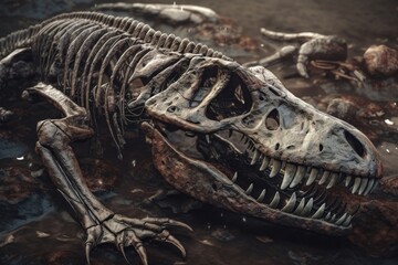 Naklejka premium Dinosaur Fossil (Tyrannosaurus Rex) Found by Archaeologists. AI generated