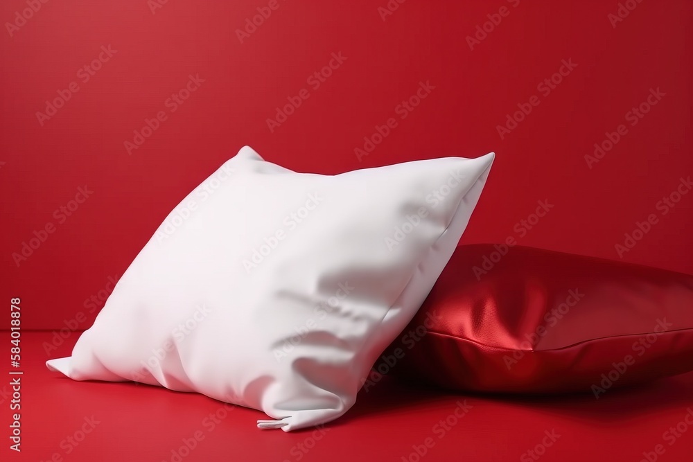 Poster two white pillows on a red surface with a red background. generative ai