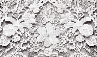  a white lace with flowers and butterflies on a gray background.  generative ai