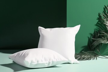  a white pillow sitting next to a white pillow on a table.  generative ai