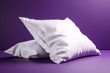  two white pillows on a purple surface with a purple background.  generative ai