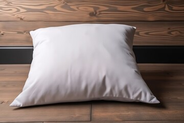  a white pillow on a wooden floor with a wood wall in the background.  generative ai
