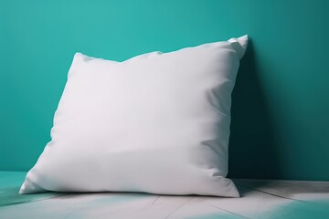  a white pillow sitting on top of a bed next to a green wall.  generative ai
