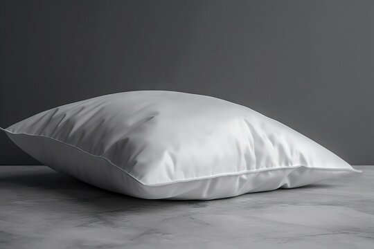  a white pillow sitting on top of a white table next to a gray wall.  generative ai