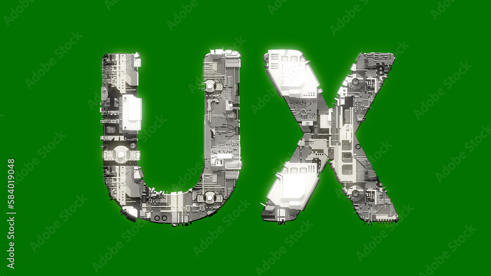 Poster industrial style cybernetical text ux on chroma key screen bg, isolated - object 3d rendering