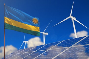 Rwanda renewable energy, wind and solar energy concept with windmills and solar panels - renewable energy - industrial illustration, 3D illustration