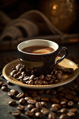 Fototapeta premium cup of coffee with beans on a table 