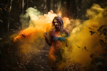 Fototapeta premium Abstract of woman in a forest covered in rainbow paint with rainbow smoke exploding behind her. Generative Ai.