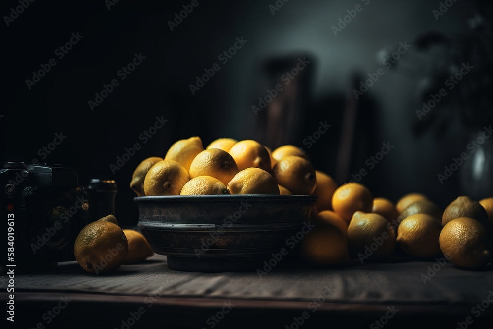 Poster a bowl of lemons and a camera on a table. generative ai