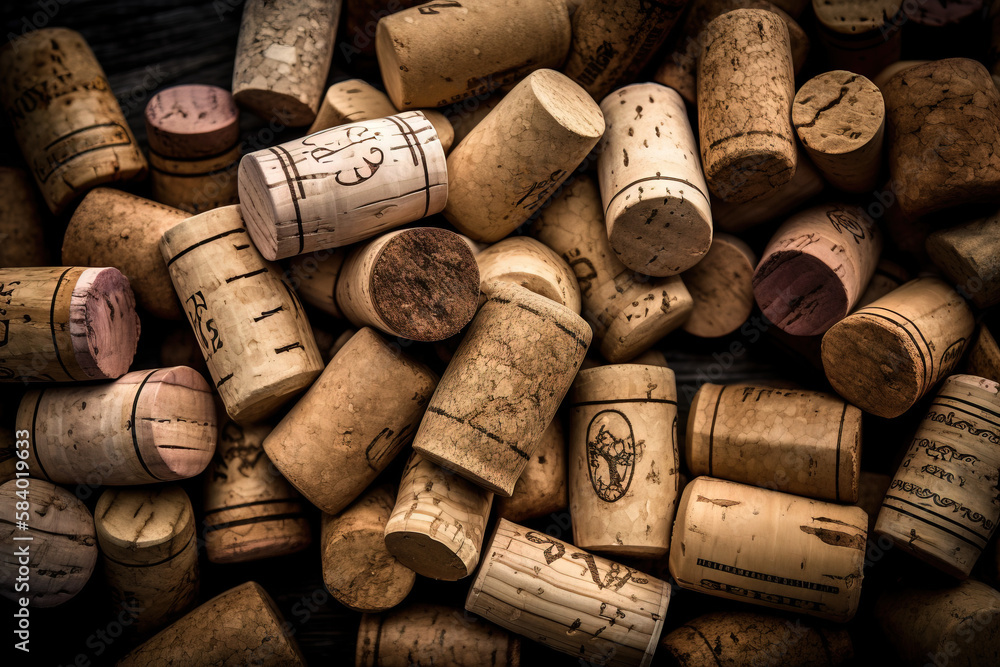 Poster a bunch of wine corks that are stacked together in a pile. generative ai
