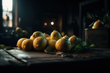Obraz na płótnie Canvas a pile of lemons sitting on top of a wooden table. generative ai