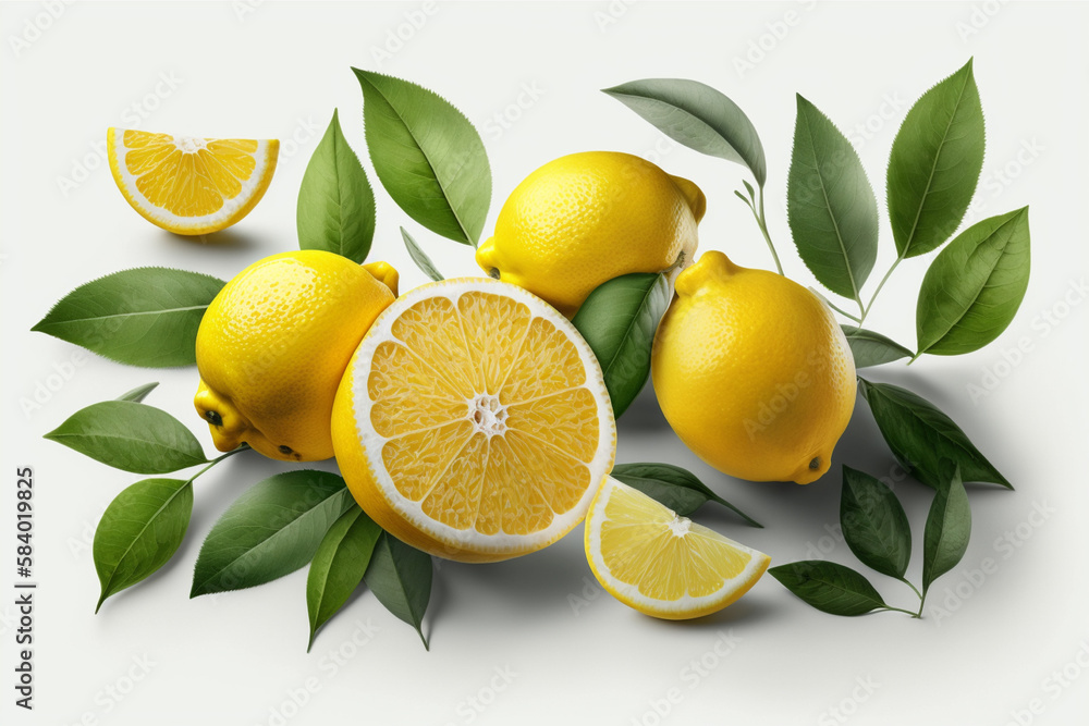 Poster lemon fruit with leaf isolate. lemon whole, half, slice, leaves on white. lemon slices with zest iso