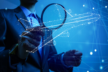 Jet Engine Augmented Reality Hologramm. Specialists Work in Technological Plane Development Facility.