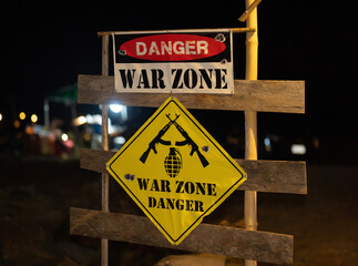 Warning or caution war zone danger sign for army marine corps soldier military war.