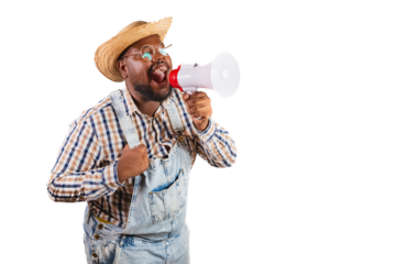 brazilian black man wearing country clothes from festa junina, festa de são joão. arraiá, using megaphone shouting promotion, announcing advertisement, discount.