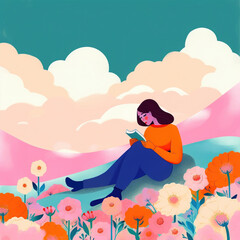 vector of a girl laying on a bed of flowers