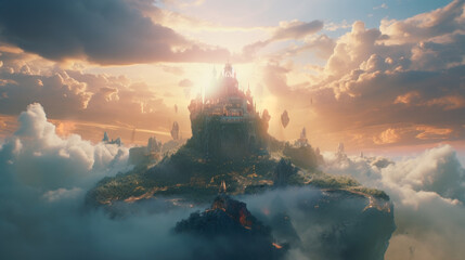 Ethereal angelic fantasy city in the clouds at sunset. Generative Ai