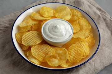 Tasty Potato Chips and Dip Appetizer on a gray background, side view.