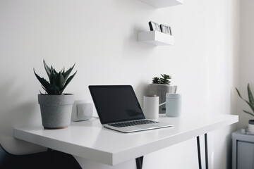 office desk with laptop and plants 
