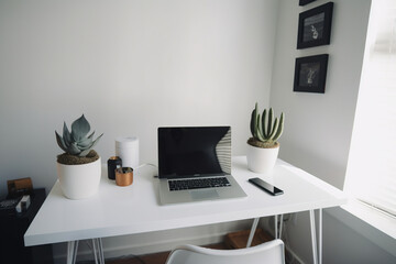 office desk with laptop and plants 
