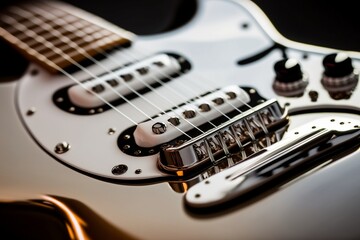 Close up of crisp white electric guitar with blurred background, created using Generative AI Art 
