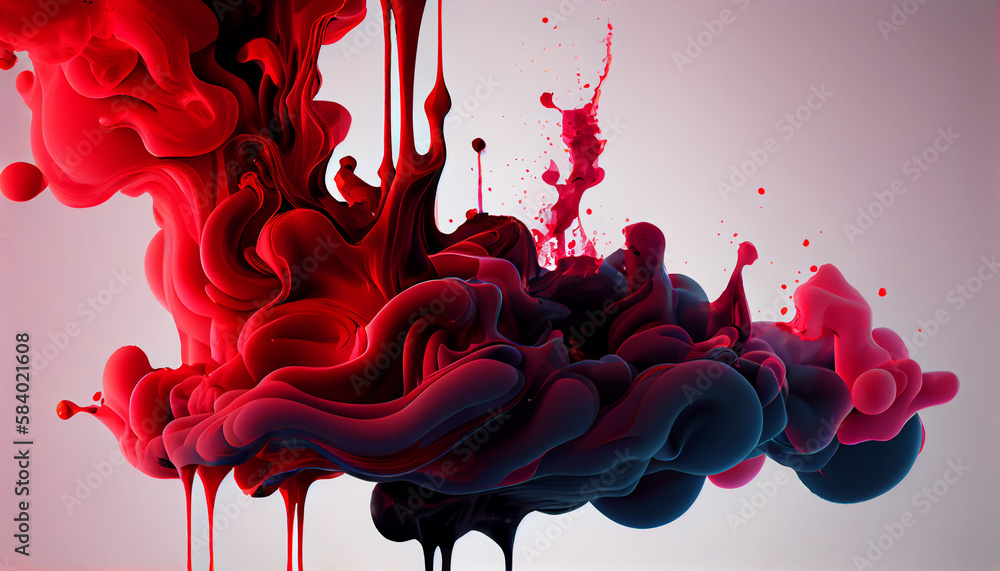 Poster abstract red colorful ink splash in water background. generate ai.