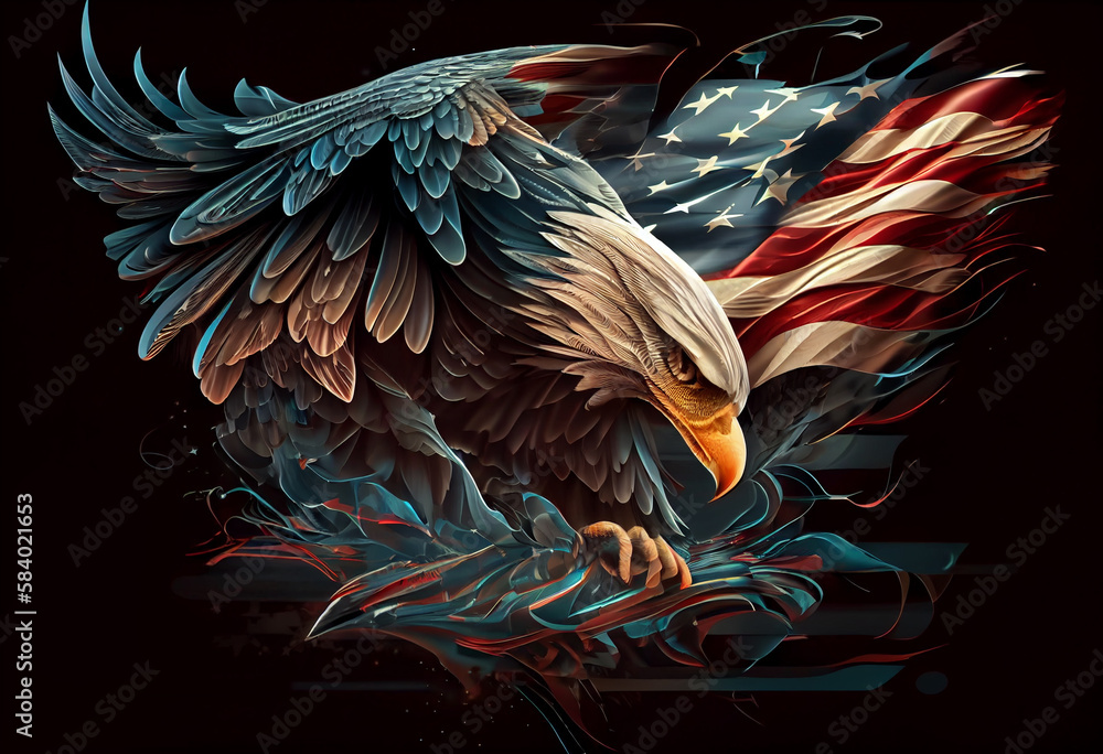 Wall mural wavy american flag with an eagle symbolizing strength and freedom . generate ai.