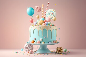 Colorful cake on a stand decorated with sweets, stars, chocolate for baby birthday on a light background.  Child's holiday. Gentle, tender colors. Generative AI