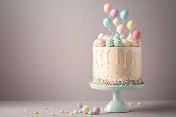 Colorful cake on a stand decorated with sweets, stars, ballons, chocolate for baby birthday on a light background.  Child's holiday.  Gentle, tender colors. Generative AI