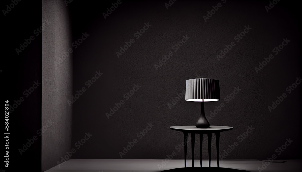 Poster beautiful minimalistic presentation background with a table and a white lamp against a black texture