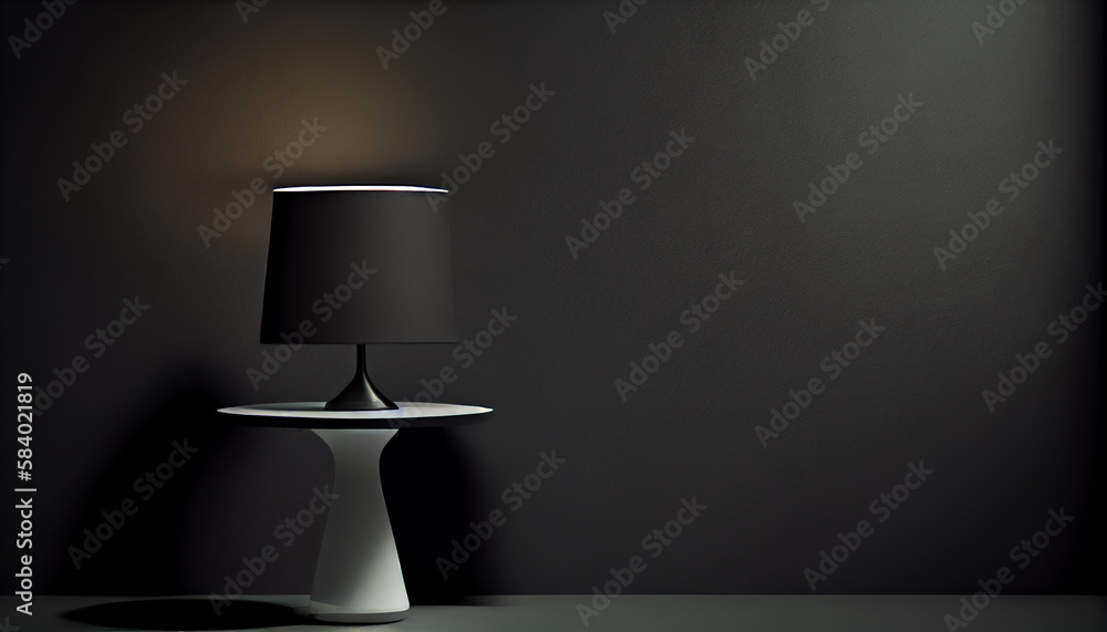 Poster beautiful minimalistic presentation background with a table and a white lamp against a black texture