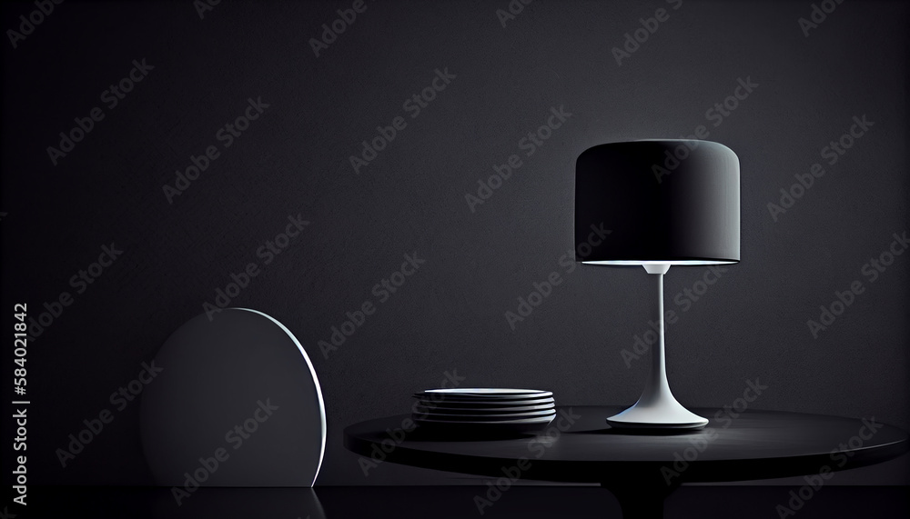 Aufkleber beautiful minimalistic presentation background with a table and a white lamp against a black texture