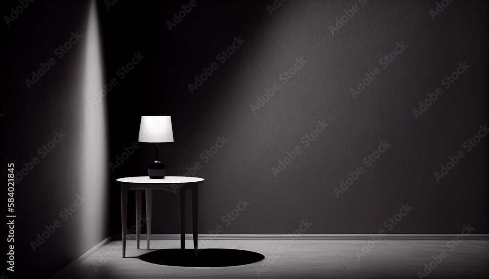 Poster beautiful minimalistic presentation background with a table and a white lamp against a black texture