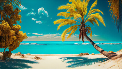 Fototapeta na wymiar Coconut Palm tree on amazing perfect white sandy beach in island of Maldives. . Generate Ai.