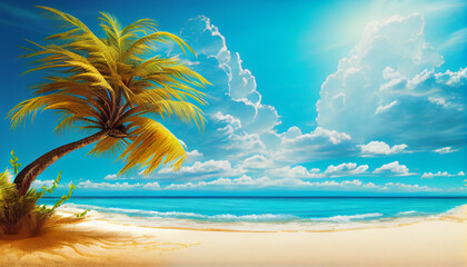 Fototapeta na wymiar Coconut Palm tree on amazing perfect white sandy beach in island of Maldives. . Generate Ai.