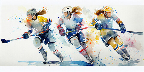 Ice Hockey and Female Empowerment: Watercolor Girls / Women playing Hockey. Poster. Generative AI.